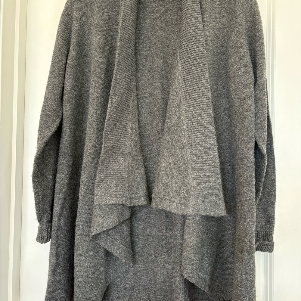 LOFT Women MP Gray Knit Open Cardigan Layered Sweater Ribbed Trim Oversized